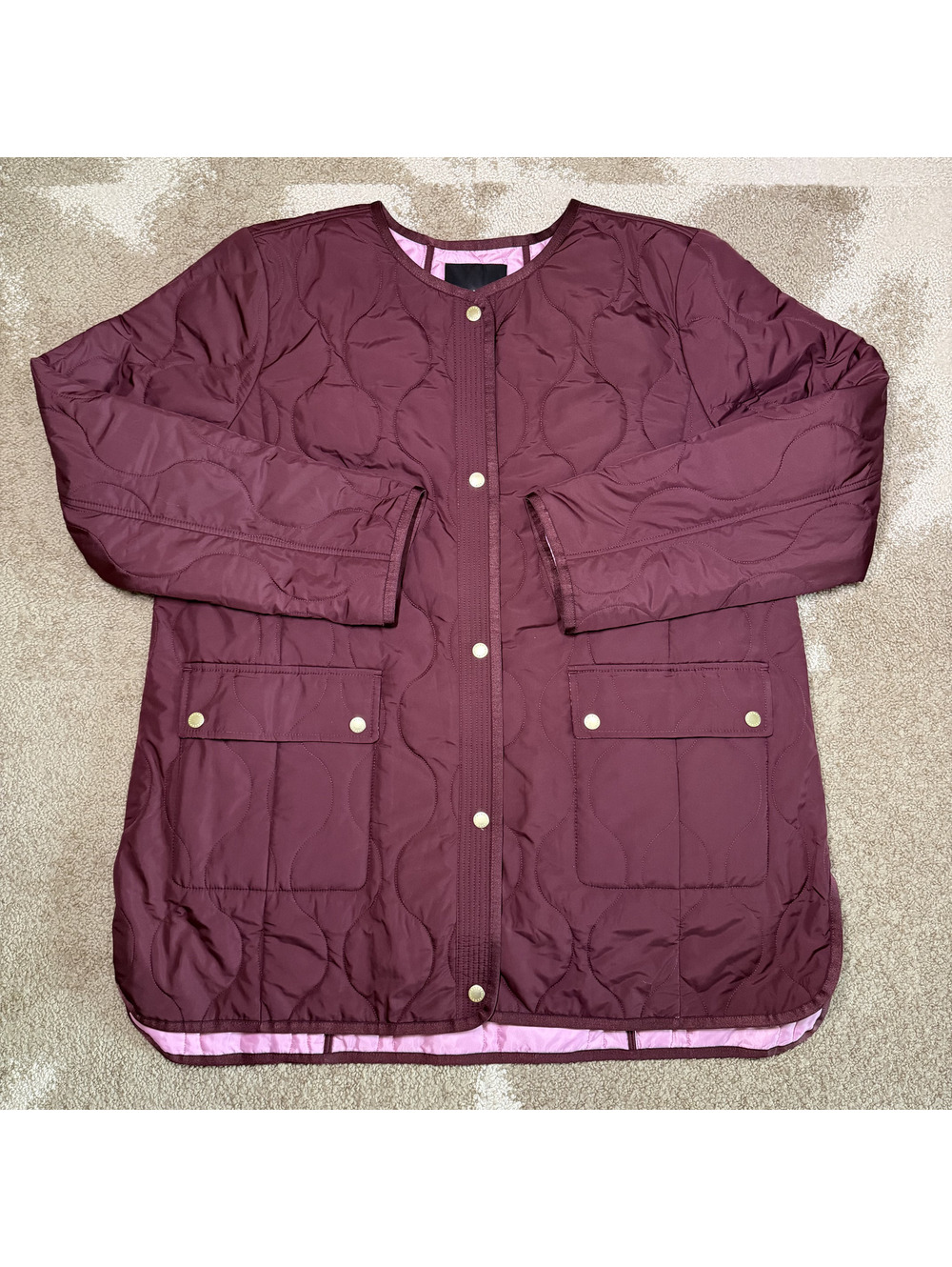 Talbots Quilted Utility Puffer Coat XL Maroon Burgundy Snap Front Layering Warm